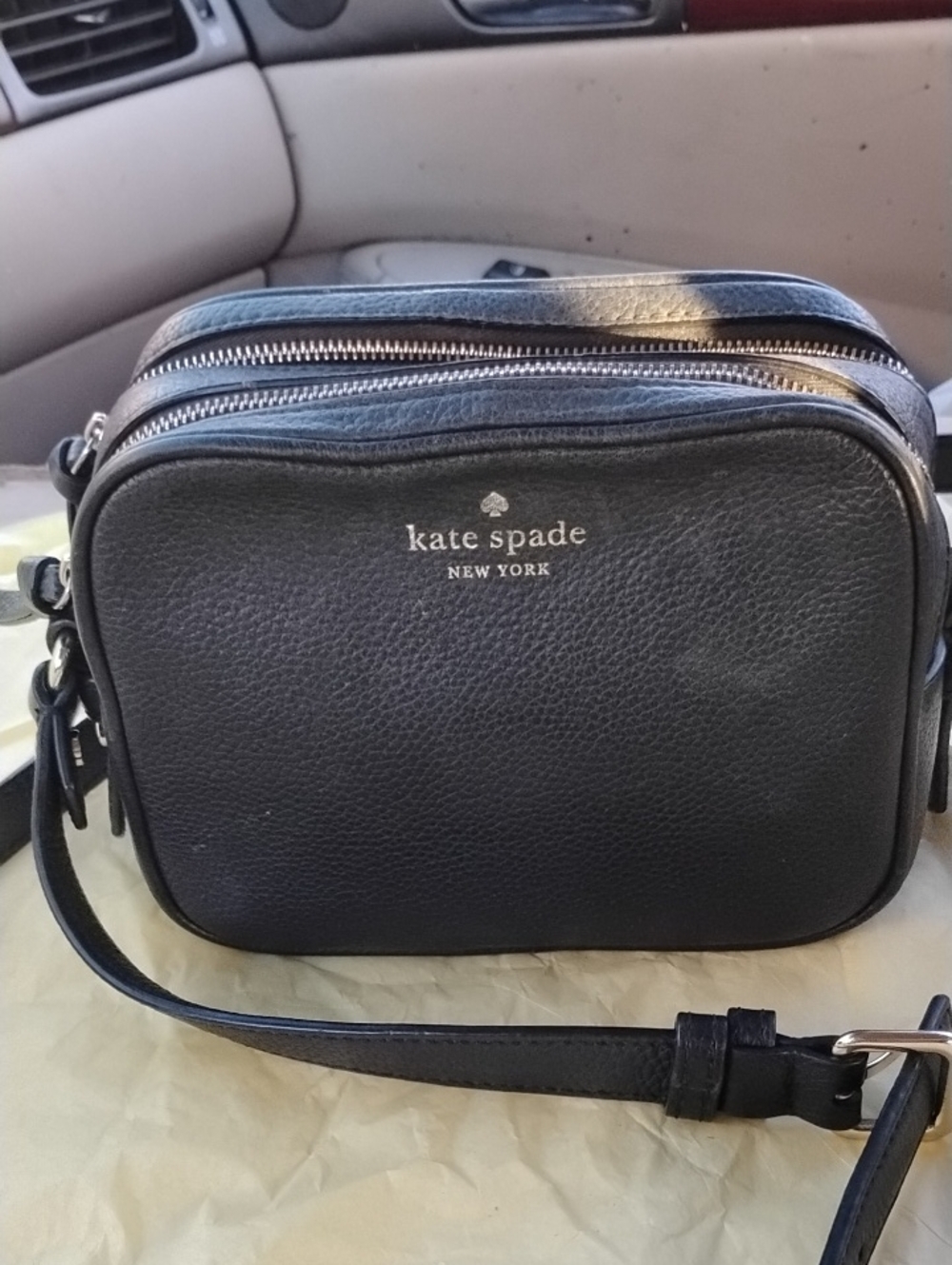 kate spade black leather belt bag with dual zip compartments